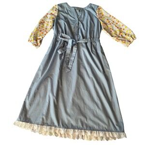Upcycled Cottagecore Midi Dress Floral Puff Sleeve Tie Waist Blue Lace Women's M
